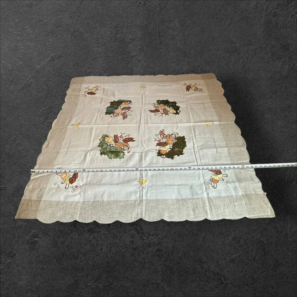 Easter Bunny Tablecloth 50x50 White Beige Embroidered Spring